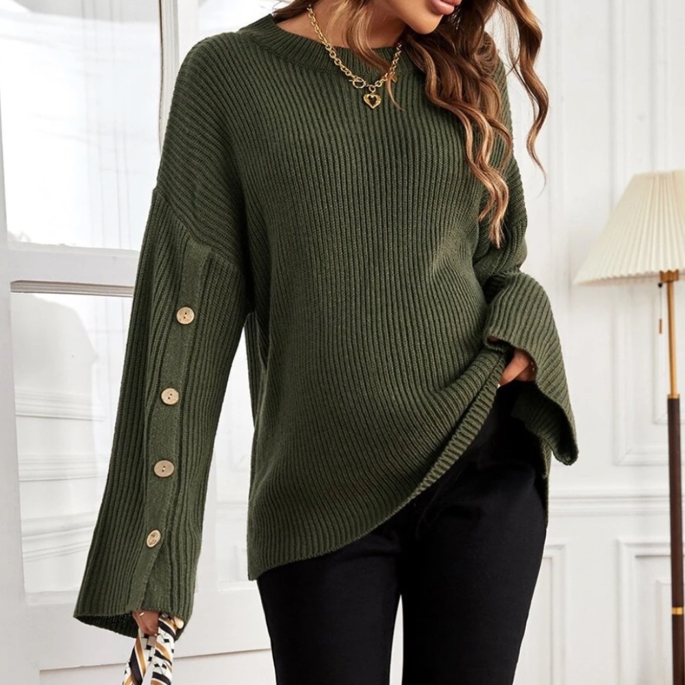 Maternity Green Knit Button Detail Sweater Top - Picture 3 of 7